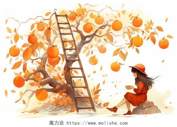 秋天一个巨大的柿子树旁边放着梯子坐着一个小女孩卡通水彩AI插画立秋